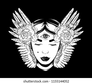 Vector hand drawn surreal illustration of fortune teller with wings, flowers. Creative tattoo artwork. Template for card, poster. banner, print for t-shirt, pin, badge, patch.