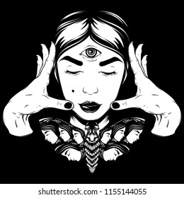 Vector hand drawn surreal illustration of fortune teller with moth and human hands. Creative tattoo artwork. Template for card, poster. banner, print for t-shirt, pin, badge, patch.