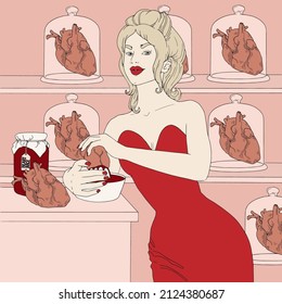Vector hand drawn surreal illustration of girl making heart juice. Creative artwork. Template for card, poster, banner, print for t-shirt, pin, badge, patch.