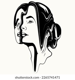 Ilustración surrealista dibujada a mano vectorial. Obra de arte creativa. Plantilla para tarjeta, afiche, banner, imprimir para camiseta, pin, insignia, parche.