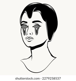 Ilustración surrealista dibujada a mano vectorial. Obra de arte creativa de moda. Plantilla para tarjeta, afiche, banner, imprimir para camiseta, pin, insignia, parche.