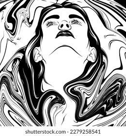 Ilustración surrealista dibujada a mano vectorial. Obra de arte creativa de moda. Plantilla para tarjeta, afiche, banner, imprimir para camiseta, pin, insignia, parche.