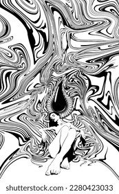 Ilustración surrealista dibujada a mano vectorial. Obra de arte creativa de moda. Plantilla para tarjeta, afiche, banner, imprimir para camiseta, pin, insignia, parche.
