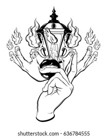 Vector hand drawn surreal illustration of melting hands, vintage lantern, woman hand with mouth. Tattoo artwork.  Template for card, poster, banner, print for t-shirt, coloring book.