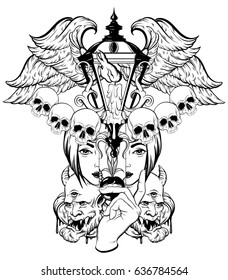Vector hand drawn surreal illustration. Composition  with lantern, woman face, human skull, devil, wings. Tattoo artwork.  Template for card, poster, banner, print for t-shirt, coloring book.