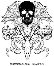 Vector hand drawn surreal illustration. Composition with human skull, devil, deer, ram skull, wings. Tattoo artwork.  Template for card, poster, banner, print for t-shirt, coloring book.