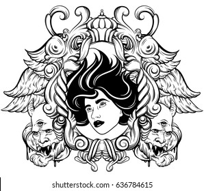 Vector hand drawn surreal illustration of woman face, devil and ornate frame. Tattoo artwork.  Template for card, poster, banner, print for t-shirt, coloring book.