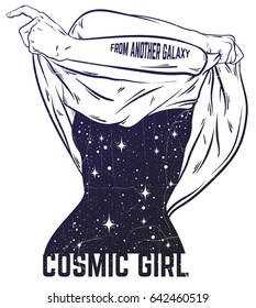 Vector hand drawn surreal  illustration  of undressing woman with space instead of body . Surreal tattoo artwork . Template for card, poster, banner, print for t-shirt.