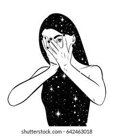 Vector hand drawn surreal  illustration  of woman with space instead of body . Surreal tattoo artwork . Template for card, poster, banner, print for t-shirt.