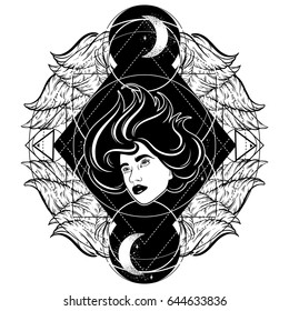 Vector hand drawn surreal illustration of woman face with wings, moon and stars. Tattoo artwork.  Template for card, poster, banner, print for t-shirt.