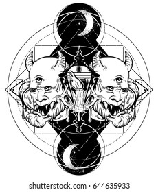 Vector hand drawn surreal illustration of devil,  vintage lantern, moon and stars. Tattoo artwork.  Template for card, poster, banner, print for t-shirt, coloring book.