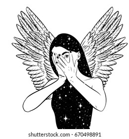 Vector hand drawn surreal  illustration  of woman with space instead of body and wings . Surreal tattoo artwork . Template for card, poster, banner, print for t-shirt.