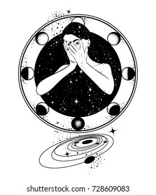 Vector hand drawn surreal  illustration  of woman with space instead of body . Surreal tattoo artwork . Template for card, poster, banner, print for t-shirt.