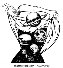 Vector hand drawn surreal  illustration  of undressing woman with space instead of body . Surreal tattoo artwork with planets . Template for card, poster, banner, print for t-shirt.