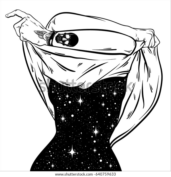 体の代わりに空間を持つ女性の脱衣を描いたベクター手描きの超現実的なイラスト 超現実的なタトゥー作品 カード ポスター バナー Tシャツ用の印刷用テンプレート のベクター画像素材 ロイヤリティフリー