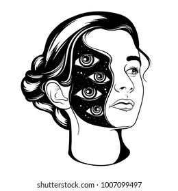 Vector hand drawn surrealistic  illustration of pretty girl . Tattoo artwork.  Template for card, poster, banner, print for t-shirt, badge and pin.