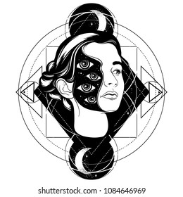 Vector hand drawn surrealistic  illustration of pretty girl . Tattoo artwork.  Template for card, poster, banner, print for t-shirt, badge and pin.