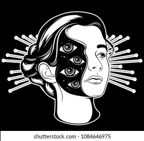 Vector hand drawn surrealistic  illustration of pretty girl . Tattoo artwork.  Template for card, poster, banner, print for t-shirt, badge and pin.