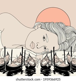 Vector hand drawn surrealistic illustration of girl with the gondolas in Venice  . Surreal  artwork. Template for card, poster, banner, print for t-shirt, pin, badge, patch.