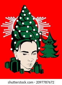 Vector hand drawn surrealistic illustration of christmas party with tree and female head. Creative  artwork. Template for card, poster, banner, print for t-shirt, pin, badge, patch.