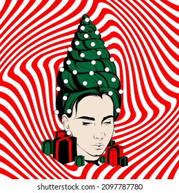 Vector hand drawn surrealistic illustration of christmas party with  female head and present boxes. Creative  artwork. Template for card, poster, banner, print for t-shirt, pin, badge, patch.
