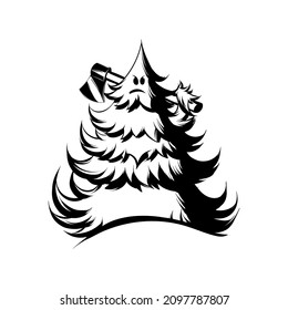 Vector  hand drawn surrealistic illustration of tree with the axe. Creative  artwork. Template for card, poster, banner, print for t-shirt, pin, badge, patch.