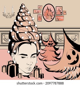 Vector hand drawn surrealistic illustration of christmas party with trees and female head. Creative  artwork. Template for card, poster, banner, print for t-shirt, pin, badge, patch.