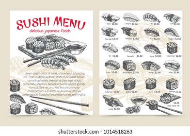 Vector Hand Drawn Sushi Bar Munu. Japanese Food Sketch Illustration For Sushi Rolls Shop.