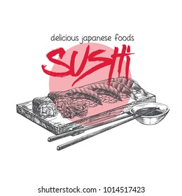 Vector hand drawn sushi poster. Japanese food sketch illustration for sushi rolls bar menu, banner, flyer, card and etc.