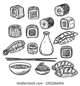 Vector hand drawn of sushi rolls, wasabi,  soy sauce and chopsticks. 