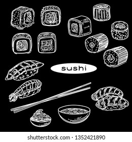 Vector hand drawn of sushi rolls wasabi and chopsticks.