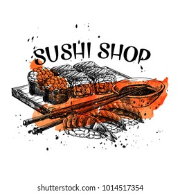 Vector hand drawn sushi set. Japanese food sketch illustration for sushi rolls bar menu, banner, flyer, card and etc.