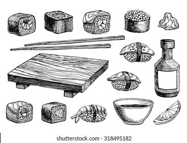 Vector hand drawn sushi set. Vintage sketch illustration