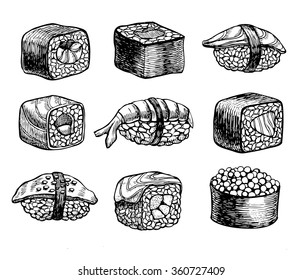 Vector hand drawn sushi set. Vintage sketch illustration