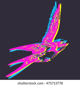 Vector Hand Drawn Swallow Bird Abstract Illustration In Cmyk Color. Flying Swift Detailed Sketch, Beautiful Animal In The Wild