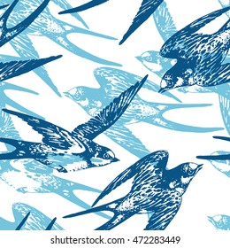 Vector hand drawn swallow birds seamless pattern design. Flying swift detailed sketch, beautiful animals in the wild