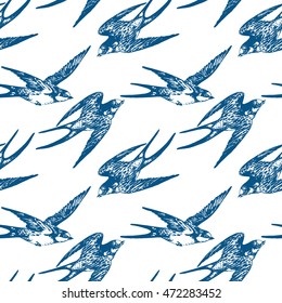 Vector hand drawn swallow birds seamless pattern design. Flying swift detailed sketch, beautiful animals in the wild