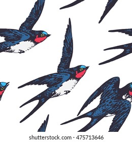 Vector Hand Drawn Swallow Birds Seamless Pattern Design. Flying Swift Detailed Sketch, Beautiful Animals In The Wild