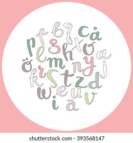 vector hand drawn swedish alphabet placed in the circle, made in pastel colors