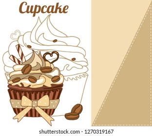 Vector hand drawn sweet coffee cupcake template. Muffin isolated on white background. Delicious coffee dessert is decorated with coffee beans, wafer rolls, chocolate heart.