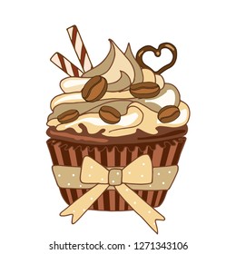 Vector hand drawn sweet coffee cupcake. Muffin isolated on white background. Delicious coffee dessert is decorated with coffee beans, wafer rolls, chocolate heart.