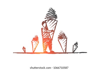 Vector hand drawn Sweet concept sketch. Man holding huge ice cream in cone