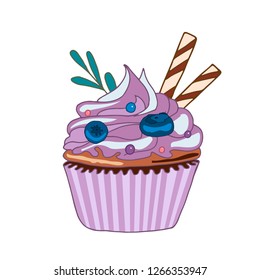 Vector hand drawn sweet cupcake. Muffin isolated on white background. Delicious lilac dessert decorated with blueberries, wafer rolls and leaves.