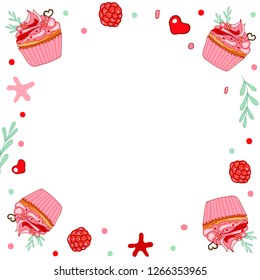 Vector hand drawn sweet cupcake banners, banners design. Circle frame of muffin isolated on white background. Delicious pink red desserts decorated with raspberry, hearts, stars.