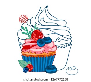 Vector hand drawn sweet cupcake. Muffin isolated on white background. Delicious pink and blue dessert decorated with blueberries, blackberries, raspberries and leaves.