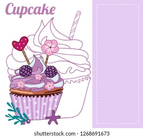 Vector hand drawn sweet cupcake template. Muffin isolated on white background. Delicious lilac dessert decorated with blackberries, flowers and hearts.