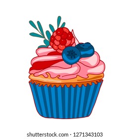 Vector hand drawn sweet cupcake. Muffin isolated on white background. Delicious pink and blue dessert decorated with blueberries, blackberries, raspberries and leaves.