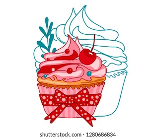 Vector hand drawn sweet cupcake. Muffin isolated on white background. Delicious pink dessert decorated with raspberries, chocolate hearts, cherry and leaves.