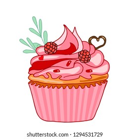Vector hand drawn sweet cupcake. Muffin isolated on white background. Delicious pink dessert decorated with raspberries, chocolate hearts and leaves.