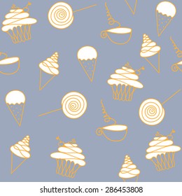 Vector hand drawn sweet desserts background. Seamless pattern.